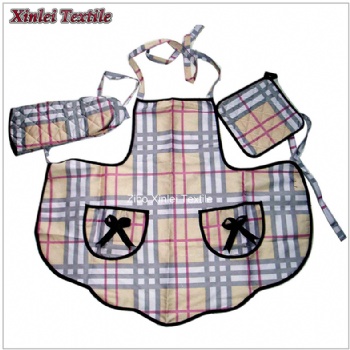 polyester check 3pcs Apron set apron&oven mitten&potholder